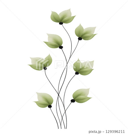 Delicate illustration of branch with light green leaves, showcasing minimalist and elegant design. leaves are arranged symmetrically, creating harmonious and natural appearance 129396211