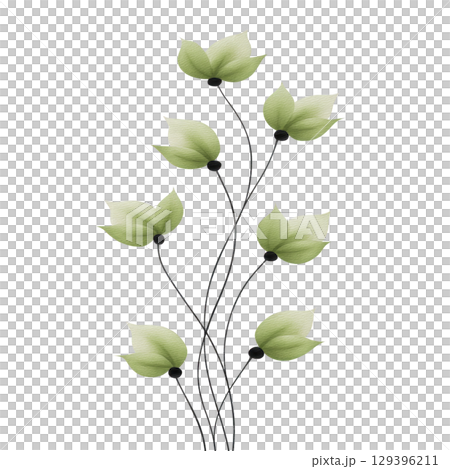 Delicate illustration of branch with light green leaves, showcasing minimalist and elegant design. leaves are arranged symmetrically, creating harmonious and natural appearance 129396211