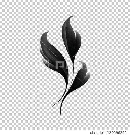 Black and white abstract illustration of stylized leaves with minimalist design, featuring smooth curves and modern aesthetic. image conveys sense of elegance and simplicity 129396233