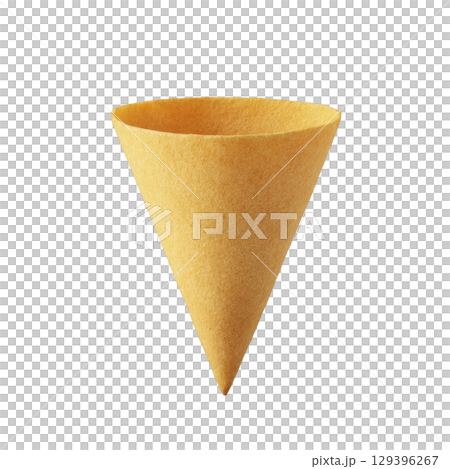 Single, empty, golden brown waffle cone is isolated on transparency background, showcasing its crisp texture and conical shape. Perfect for holding ice cream or other desserts 129396267