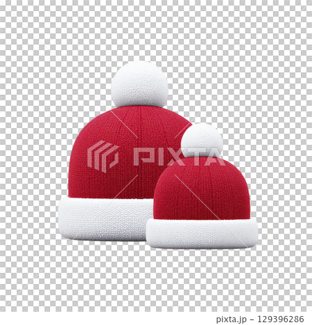 Two red and white knitted winter hats with pom poms, one larger and one smaller, are displayed side by side. hats are cozy and festive, perfect for cold weather 129396286