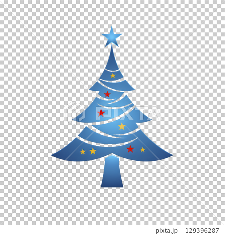 Stylized blue Christmas tree with star on top and red and yellow stars as decorations, set against transparent background, conveys festive and modern holiday theme 129396287