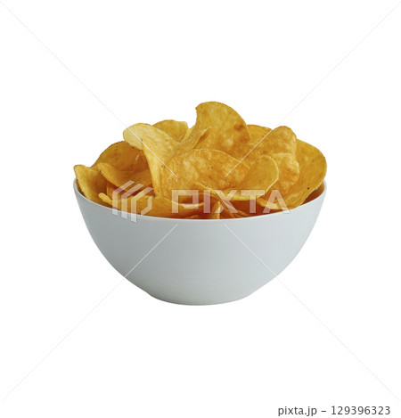 White bowl filled with crispy, golden potato chips, showcasing delicious and crunchy snack option. chips are perfectly arranged, highlighting their texture and inviting appearance 129396323