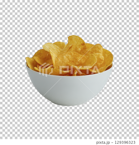 White bowl filled with crispy, golden potato chips, showcasing delicious and crunchy snack option. chips are perfectly arranged, highlighting their texture and inviting appearance 129396323