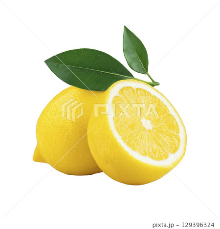Fresh yellow lemon with green leaves, one whole and one cut in half, showcasing juicy texture and vibrant color. Perfect for culinary use or refreshing drinks 129396324