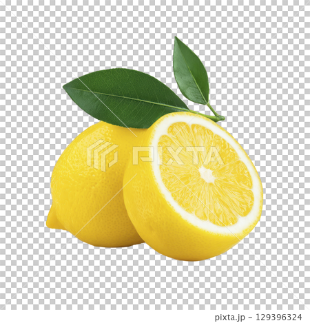 Fresh yellow lemon with green leaves, one whole and one cut in half, showcasing juicy texture and vibrant color. Perfect for culinary use or refreshing drinks 129396324