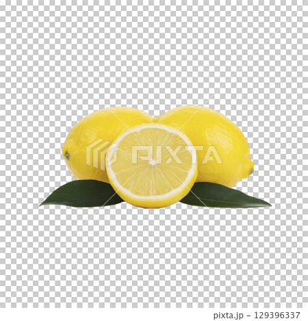 Fresh lemons with sliced half and green leaves on transparency background, showcasing vibrant yellow color and juicy texture. Perfect for culinary and refreshing uses 129396337