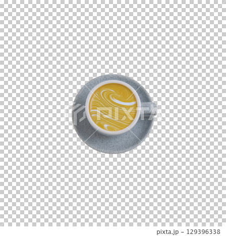 Top view of cup of golden turmeric latte with intricate latte art, set against transparency background. vibrant yellow color contrasts with speckled gray cup and saucer, creating visually 129396338