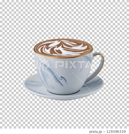 Beautifully crafted cappuccino with intricate latte art sits in elegant marbled cup and saucer, creating sophisticated and inviting atmosphere 129396339