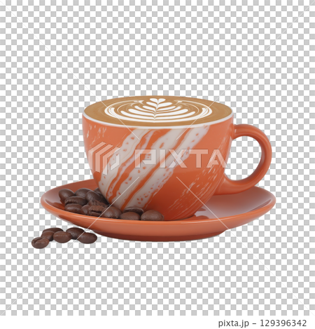 Vibrant orange coffee cup with latte art sits on matching saucer, surrounded by coffee beans, creating warm and inviting atmosphere 129396342