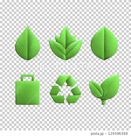 Green eco friendly icons featuring leaves, recycling symbol, and bag, symbolizing sustainability and environmental awareness. vibrant green color emphasizes nature and conservation 129396389