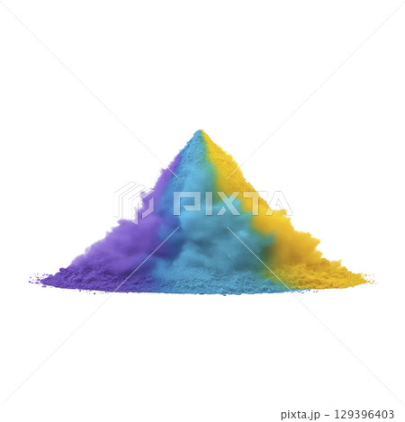 Vibrant pile of colorful powder featuring shades of purple, blue, and yellow, creating dynamic and artistic display. colors blend seamlessly, evoking sense of creativity and energy 129396403