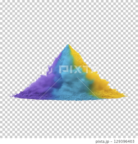 Vibrant pile of colorful powder featuring shades of purple, blue, and yellow, creating dynamic and artistic display. colors blend seamlessly, evoking sense of creativity and energy 129396403