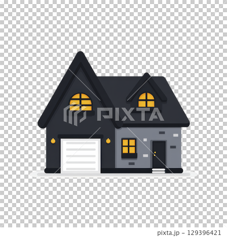 Cozy, dark themed house illustration with glowing windows and garage, evoking warmth and comfort 129396421