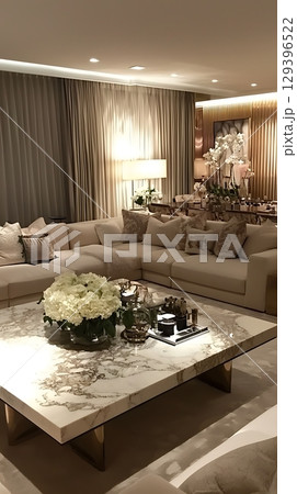 Large white couch is in the middle of a living room with a white coffee table Large white couch is in the middle of a living room with a white coffee table 129396522