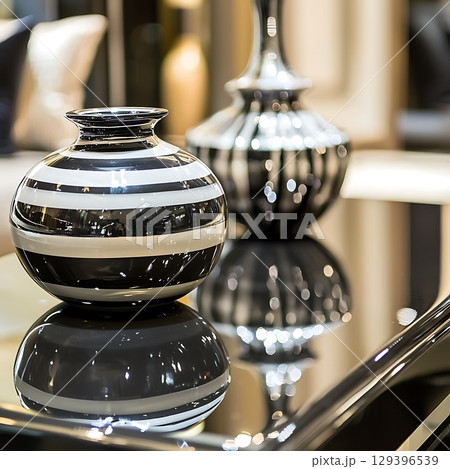 Two vases, one black and one white, sit on a table 129396539