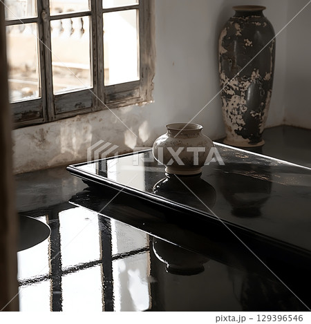 Vase sits on a table in a room with a window Vase sits on a table in a room with a window 129396546