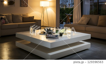 White coffee table with a stack of magazines on top of it 129396563