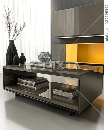 Coffee table with a vase and a book on it 129396596