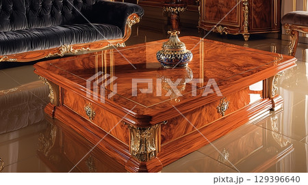 Wooden coffee table with a vase on top of it Wooden coffee table with a vase on top of it 129396640