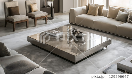 Living room with a large square coffee table in the center 129396647