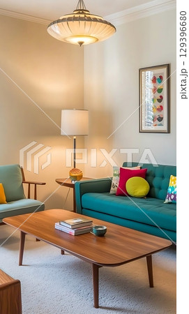 Living room with a blue couch and a wooden coffee table 129396680