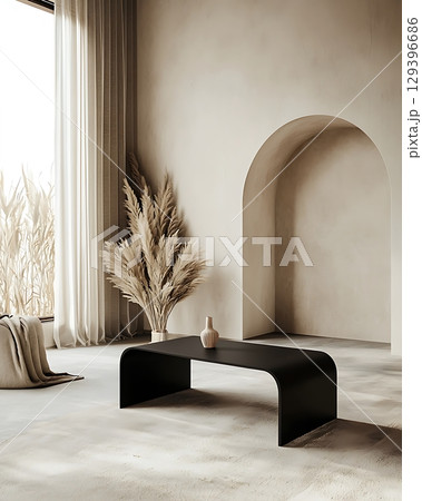 Black table with a vase on it sits in a room with a white wall and a window 129396686