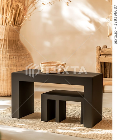 Black table with a basket on top of it and a small stool next to it 129396687