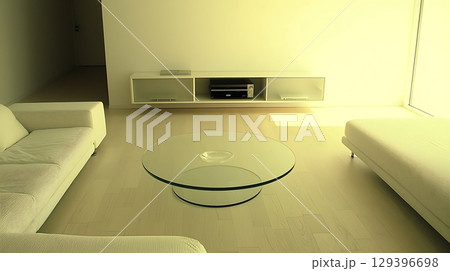 Living room with a glass coffee table and white couches 129396698