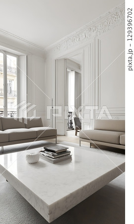 White living room with a white couch and a white coffee table 129396702