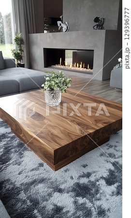 Living room with a wooden coffee table and a fireplace 129396777