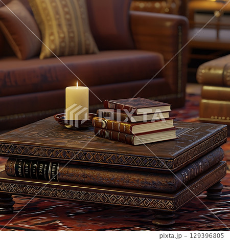 Candle is lit on a wooden coffee table with a stack of books on top 129396805