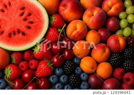 Assortment of fresh summer fruits excluding oranges 129396841