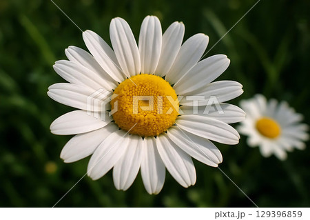 Closeup of a vibrant daisy with white petals and a yellow center capturing nature's beauty Closeup of a vibrant daisy with white petals and a yellow center capturing nature's beauty 129396859