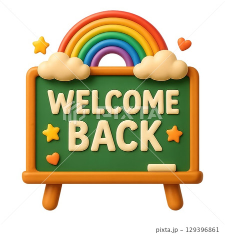 Colorful WCheerful 3D cartoon-style illustration of a green chalkboard with “Welcome Back” text, pride rainbow, clouds, stars, and hearts. Perfect for educational events, pride month celebrations 129396861