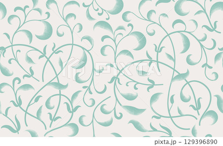 Seamless pattern with branches of flowers and leaves. Flourish summer nature swirl line decorative texture. Vector flourish artistic illustration in retro graphic style 129396890