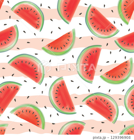 Tropical fruit seamless border. Watermelon pulp and skin seamless pattern. Watermelon juicy drink texture. 129396908