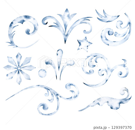 A set of elements of a winter frosty ornament, hand-drawn. The watercolor illustration is isolated on a white background. Silvery shapes and swirls from the winter pattern on the glass. 129397370