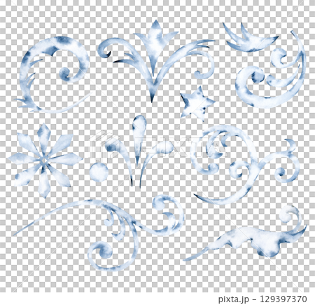 A set of elements of a winter frosty ornament, hand-drawn. The watercolor illustration is isolated on a white background. Silvery shapes and swirls from the winter pattern on the glass. 129397370