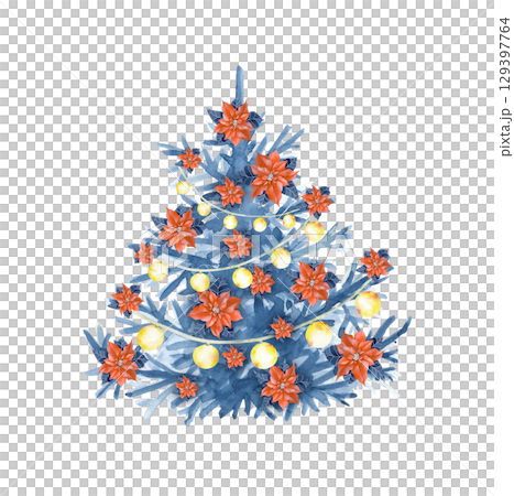 Christmas tree with garlands and poinsettia on a white background. Watercolor illustration. A traditional Christmas element for your design. Christmas tree with garlands and poinsettia on a white background. Watercolor illustration. A traditional Christmas element for your design. 129397764