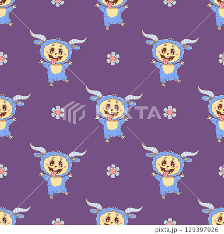 Seamless pattern with Cute joyful Blue Monster on purple background. Funny kawaii horned character animal. Vector illustration. Kids collection 129397926