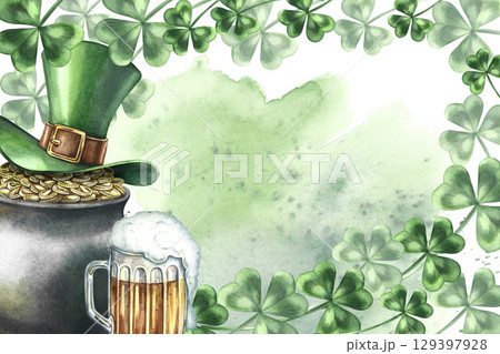 Frame with a picture of St. Patrick's Day. Hand-drawn watercolor illustration. A pot with gold coins, leprechaun's top hat, a mug of beer, and a clover. Set against a green watercolor background. 129397928