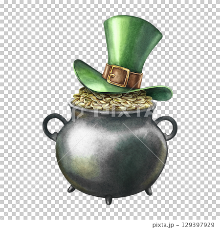 A cast-iron pot with coins covered with a leprechaun's top hat. Hand-drawn watercolor illustration. For St. Patrick's Day. For greeting cards, banners and flyers, packaging, invitations, holiday decor A cast-iron pot with coins covered with a leprechaun's top hat. Hand-drawn watercolor illustration. For St. Patrick's Day. For greeting cards, banners and flyers, packaging, invitations, holiday decor 129397929