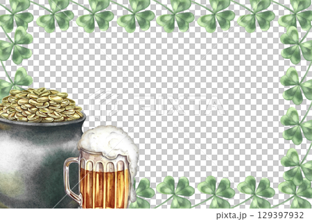 A frame made of clover, a pot with gold coins, and a mug of beer. Hand-drawn watercolor illustration. For St. Patrick's Day. For greeting cards, banners and flyers, packaging, invitations, and more. A frame made of clover, a pot with gold coins, and a mug of beer. Hand-drawn watercolor illustration. For St. Patrick's Day. For greeting cards, banners and flyers, packaging, invitations, and more. 129397932