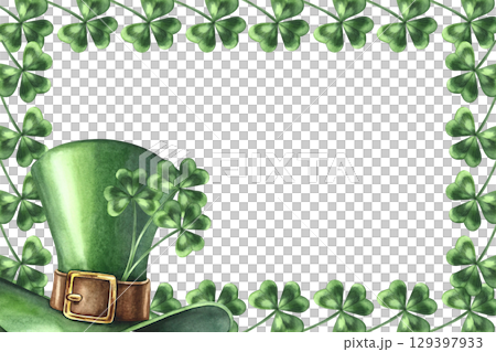 Clover trefoil frame and leprechaun's top hat. Hand-drawn watercolor illustration. For St. Patrick's Day. For greeting cards, banners and flyers, packaging, invitations, and more. Clover trefoil frame and leprechaun's top hat. Hand-drawn watercolor illustration. For St. Patrick's Day. For greeting cards, banners and flyers, packaging, invitations, and more. 129397933