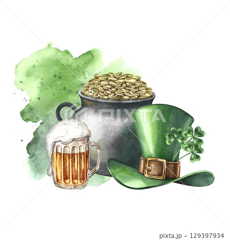 Cast-iron pot with coins, a leprechaun's top hat, and a mug of beer for St. Patrick's Day. Hand-drawn watercolor illustration. Composition on a green watercolor background. 129397934