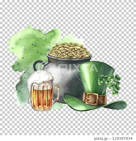 Cast-iron pot with coins, a leprechaun's top hat, and a mug of beer for St. Patrick's Day. Hand-drawn watercolor illustration. Composition on a green watercolor background. 129397934