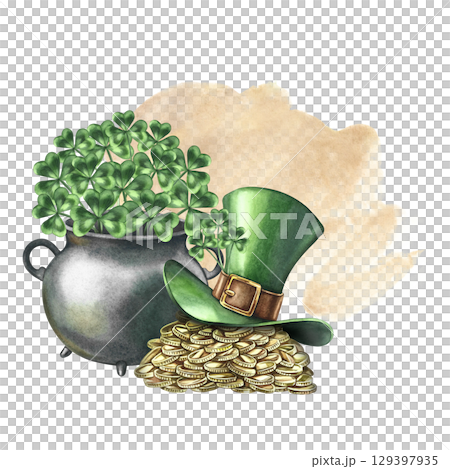 A pile of gold coins under a leprechaun's top hat and a cauldron with clover. Hand-drawn watercolor illustration. Conceptual design for St. Patrick's Day. Composition on a watercolor background. A pile of gold coins under a leprechaun's top hat and a cauldron with clover. Hand-drawn watercolor illustration. Conceptual design for St. Patrick's Day. Composition on a watercolor background. 129397935