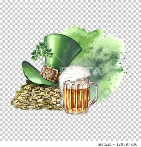 A pile of gold coins under a leprechaun's hat and a mug of beer. Hand-drawn watercolor illustration. Conceptual design for St. Patrick's Day. Composition on a green watercolor background. 129397936