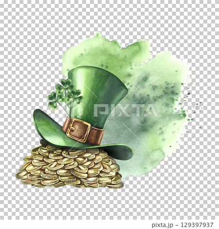 A pile of gold coins under a leprechaun's top hat. Hand-drawn watercolor illustration. Green composition on a watercolor splash background. Conceptual design for St. Patrick's Day. A pile of gold coins under a leprechaun's top hat. Hand-drawn watercolor illustration. Green composition on a watercolor splash background. Conceptual design for St. Patrick's Day. 129397937